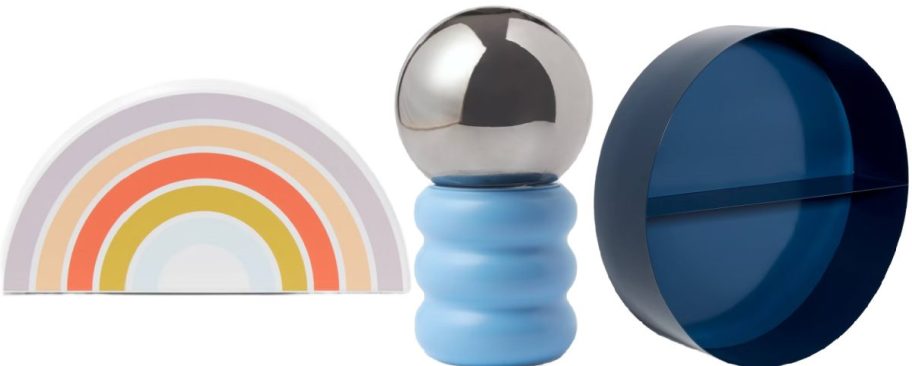 rainbow nightlight, and blue lamp and shelf