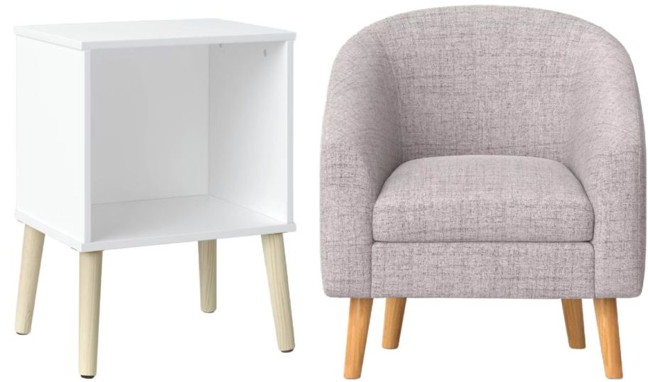 white nightstand and gray chair