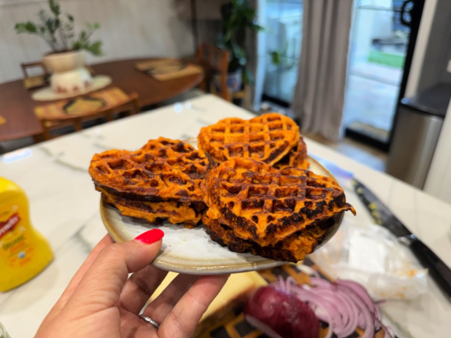 plate with waffle buns for burgers