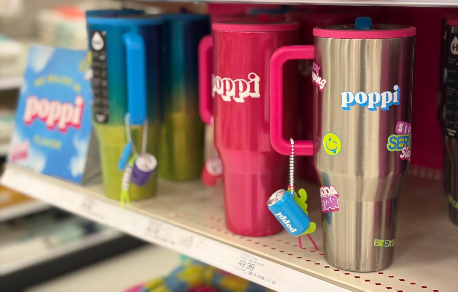 poppi stainless steel travel mugs on a Target shelf