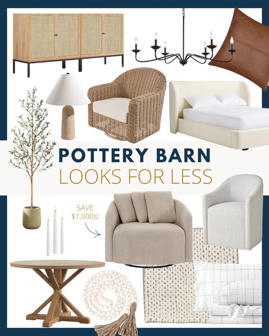 pottery barn looks for less collage graphic of various furniture items 