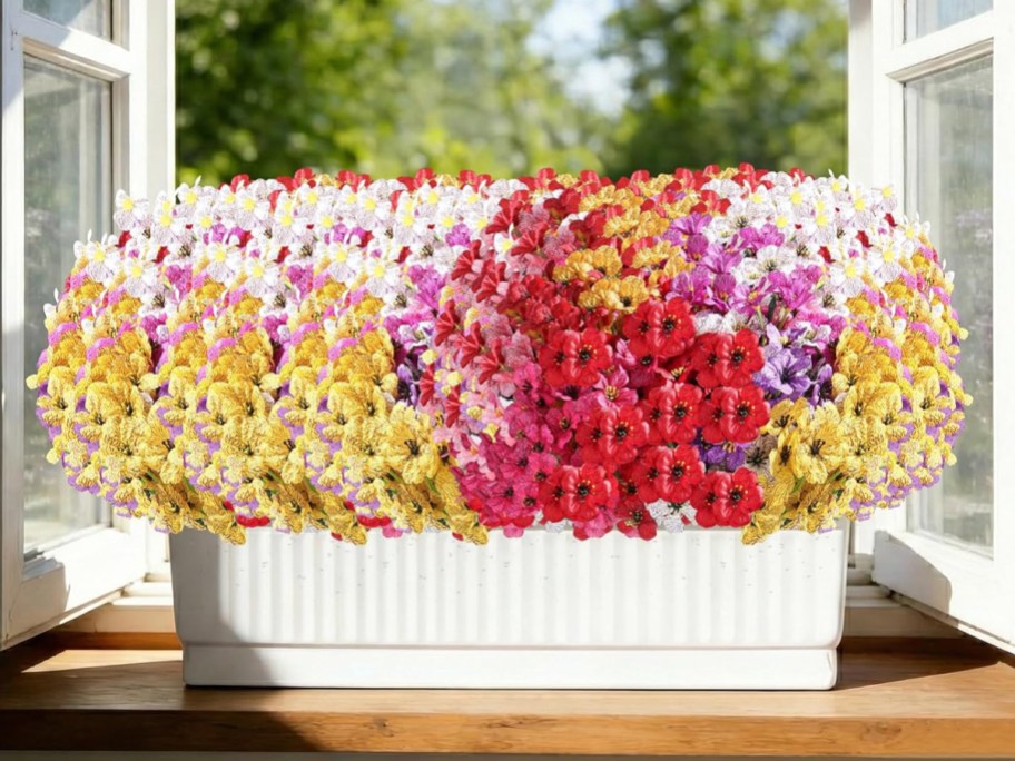 yellow, pink, red and purple flowers in white pot on window ledge