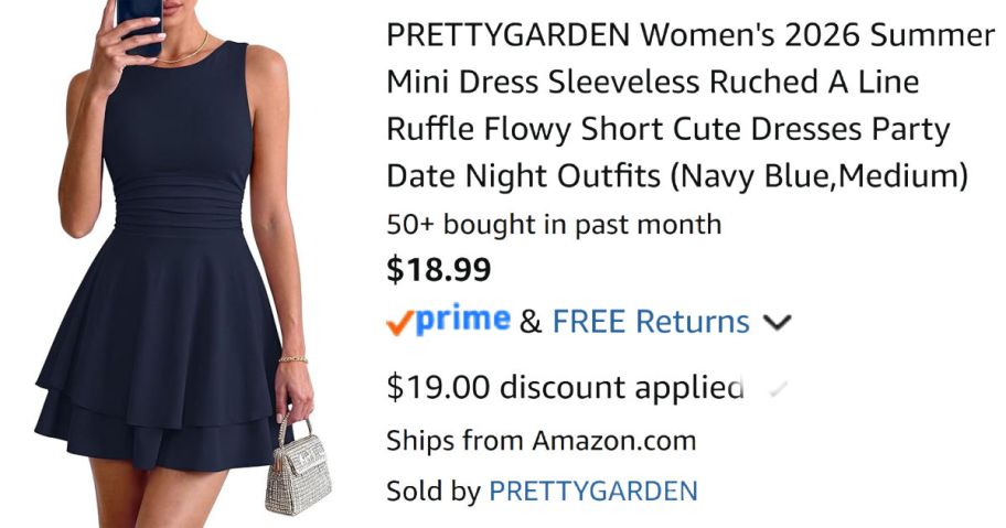 woman wearing navy dress next to Amazon pricing information