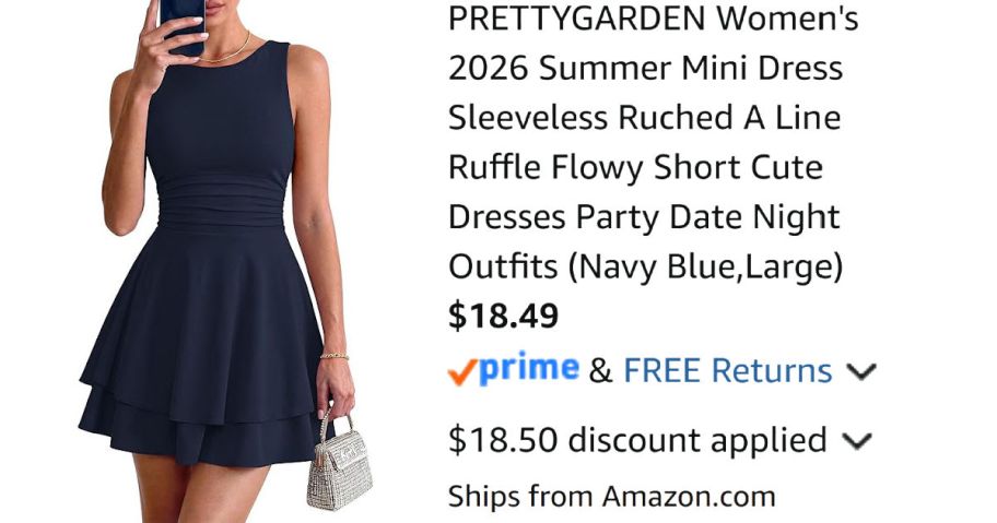 woman wearing navy dress next to Amazon pricing information
