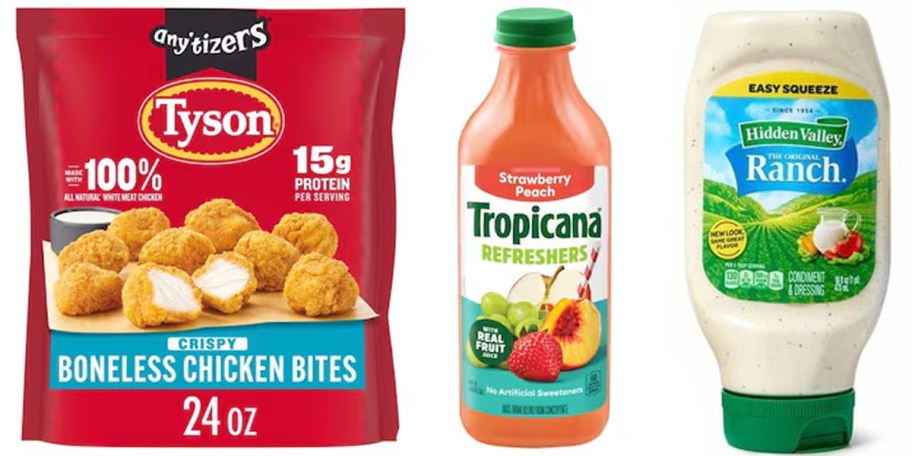 publix chicken bites, tropicana juice, and hidden valley ranch 