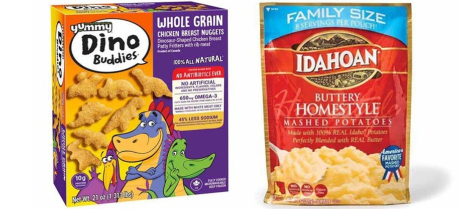 dino nuggets and idahoan mashed potatoes bag