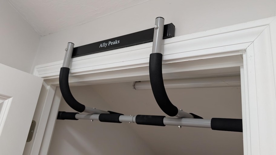 Pull up bar in door casing in doorway 