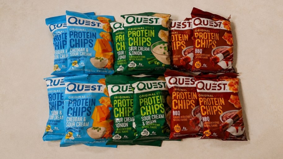 12 bags of protein chips on a countertop