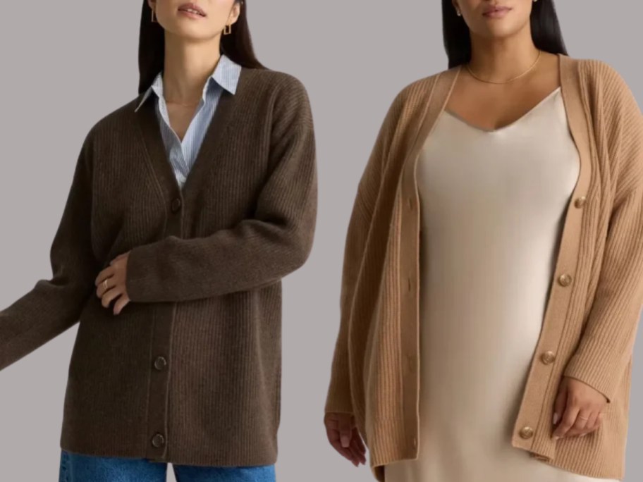 Stock images of two women wearing Quince Cashmere Fisherman Cardigan Sweaters