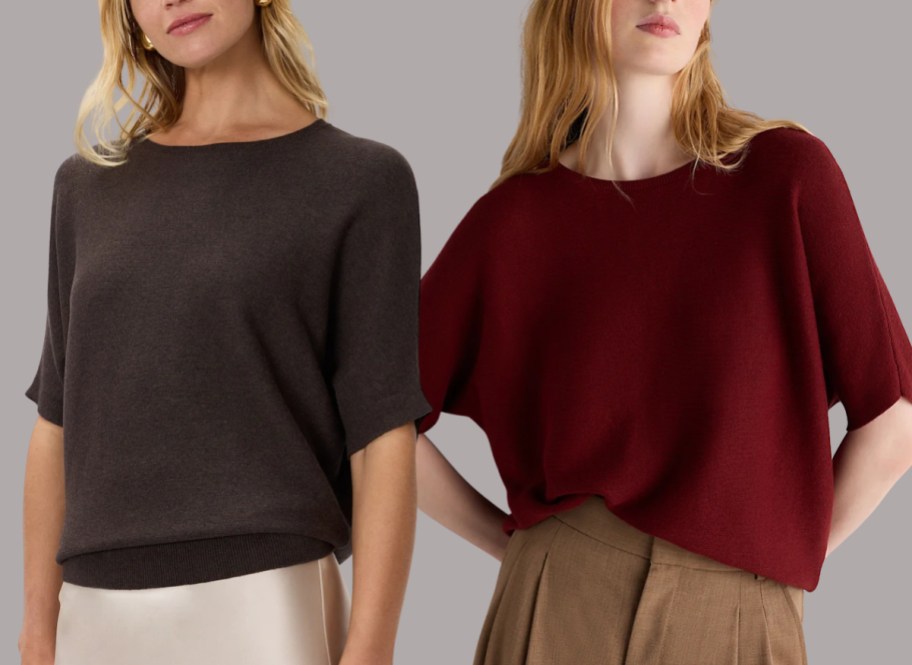 two women wearing dolman style sweaters