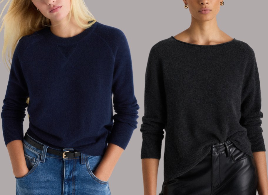 woman in cashmere sweatshirt and woman in cashmere boatneck sweater