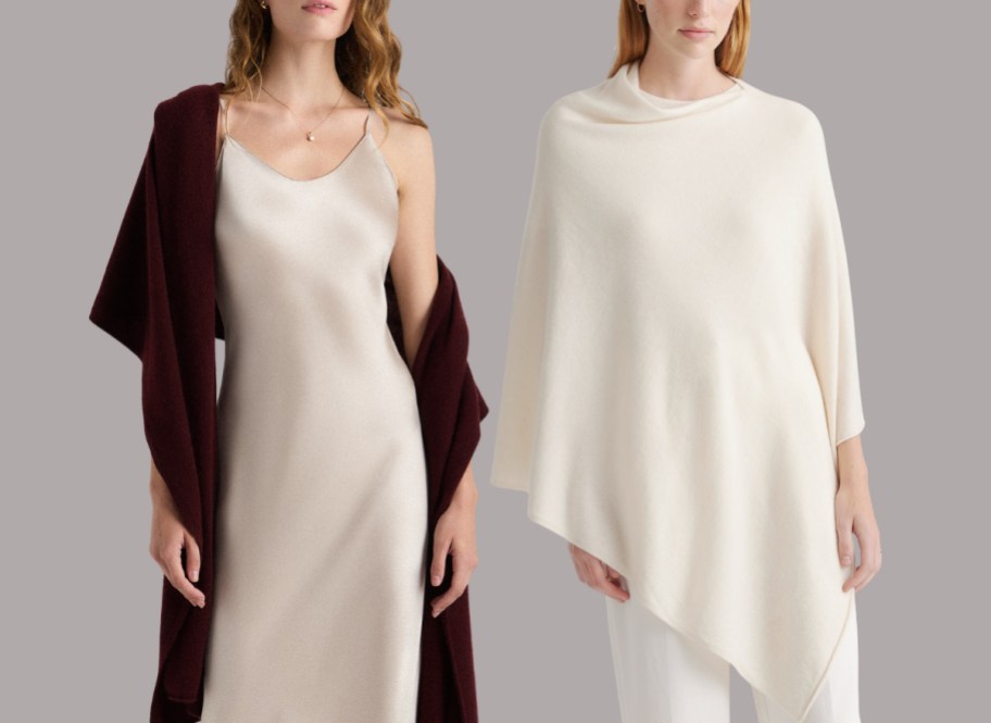 woman in cashmere wrap and woman in cashmere ponch