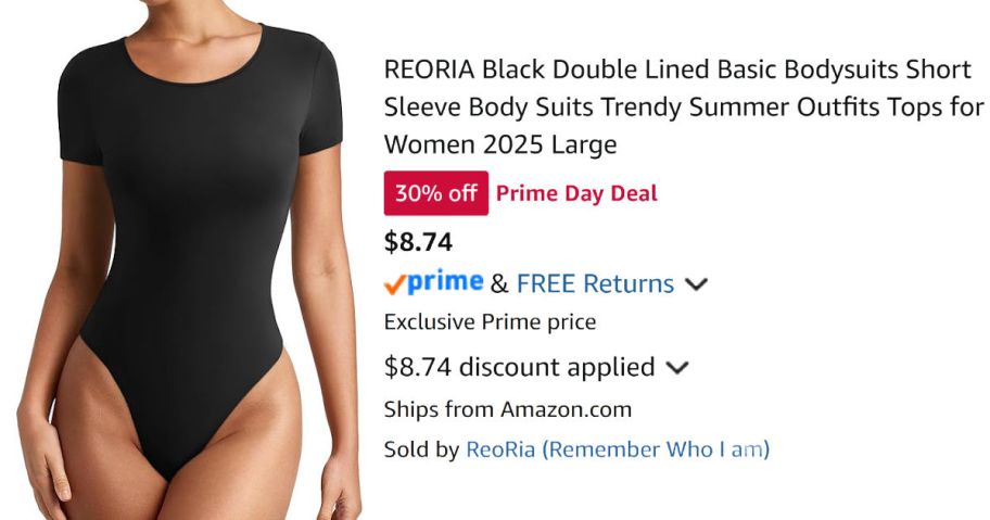 woman wearing black bodysuit next to Amazon pricing information