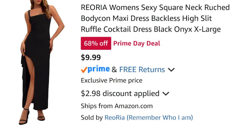 woman wearing black dress next to Amazon pricing information