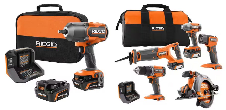 orange and black ridgid power tools with bags 