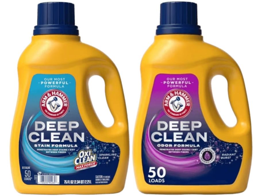 Two bottles of Arm & Hammer Deep Clean Laundry Detergent