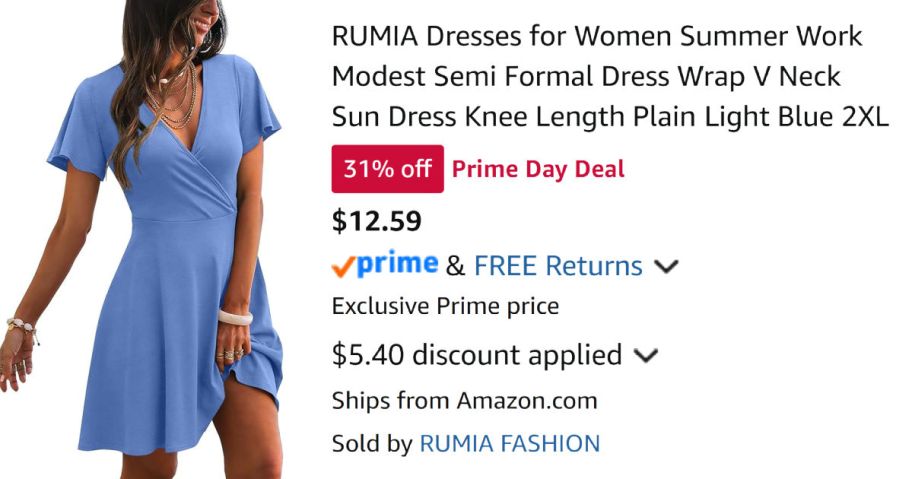 woman wearing blue dress next to Amazon pricing information