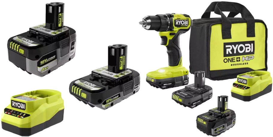 A collection of Ryobi power tools and accessories, including a drill, battery packs, and a charger.
