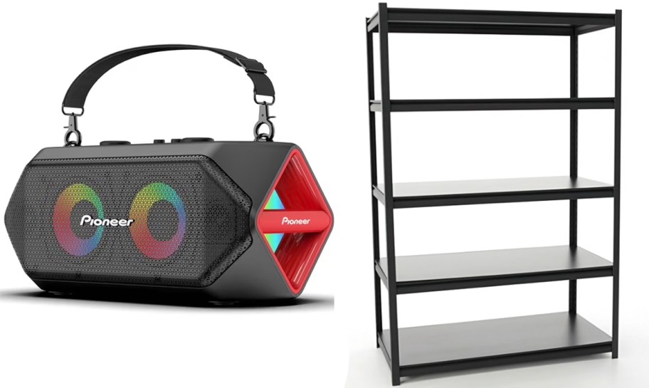 boombox and black storage shelf