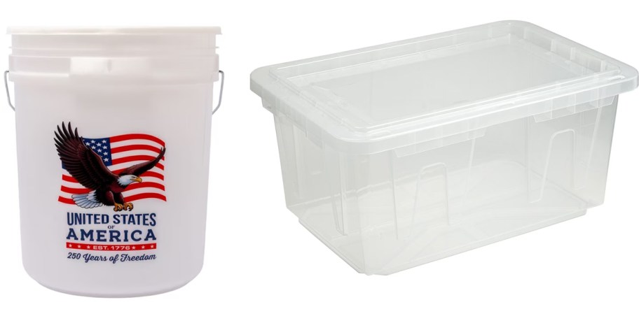 white flag bucket and clear storage tote 