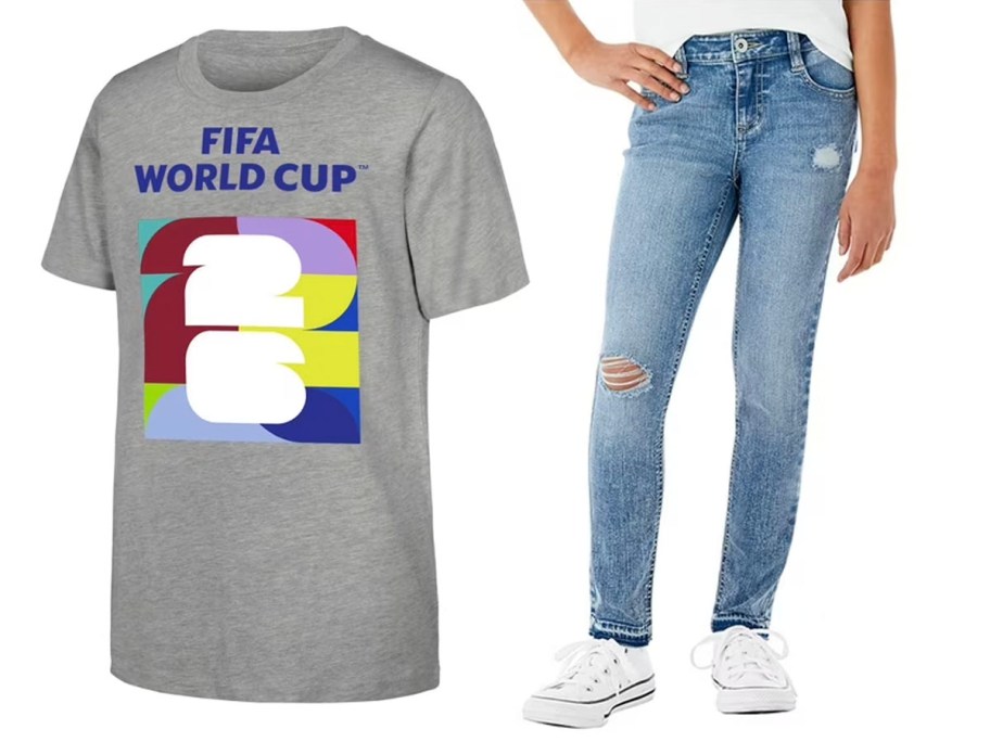fifa tee and girl wearing blue jeans