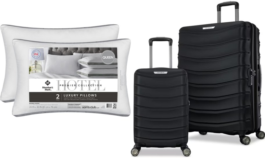 two pillows and black luggage set 