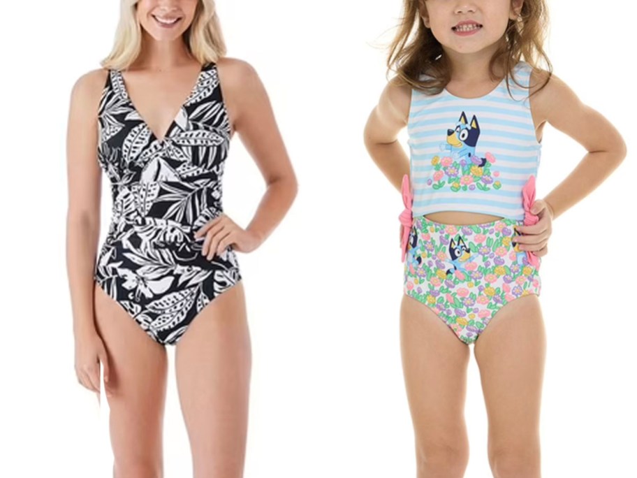 womans black floral and kids bluey swimsuits