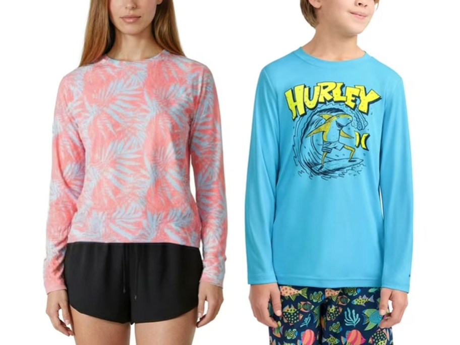 woman wearing pink floral tee and boy in blue tee