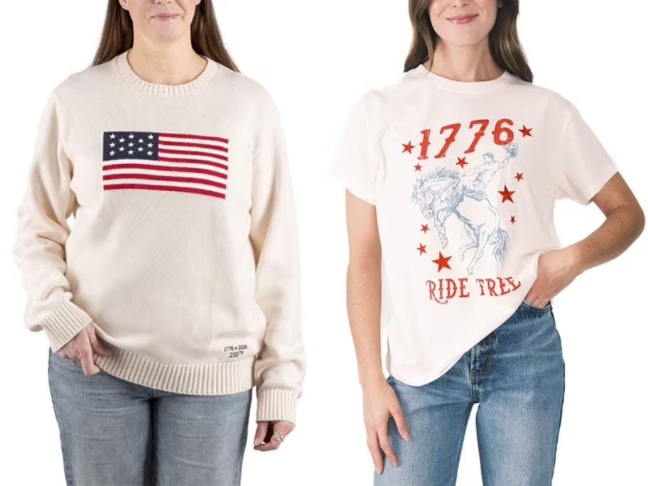 women wearing white flag sweater and america tee