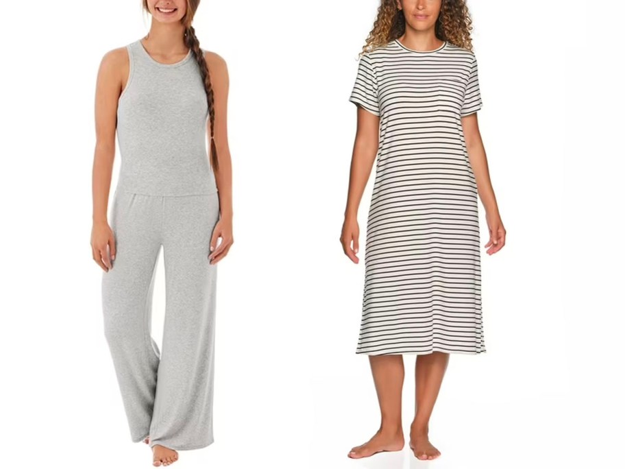 women wearing gray and striped pajamas