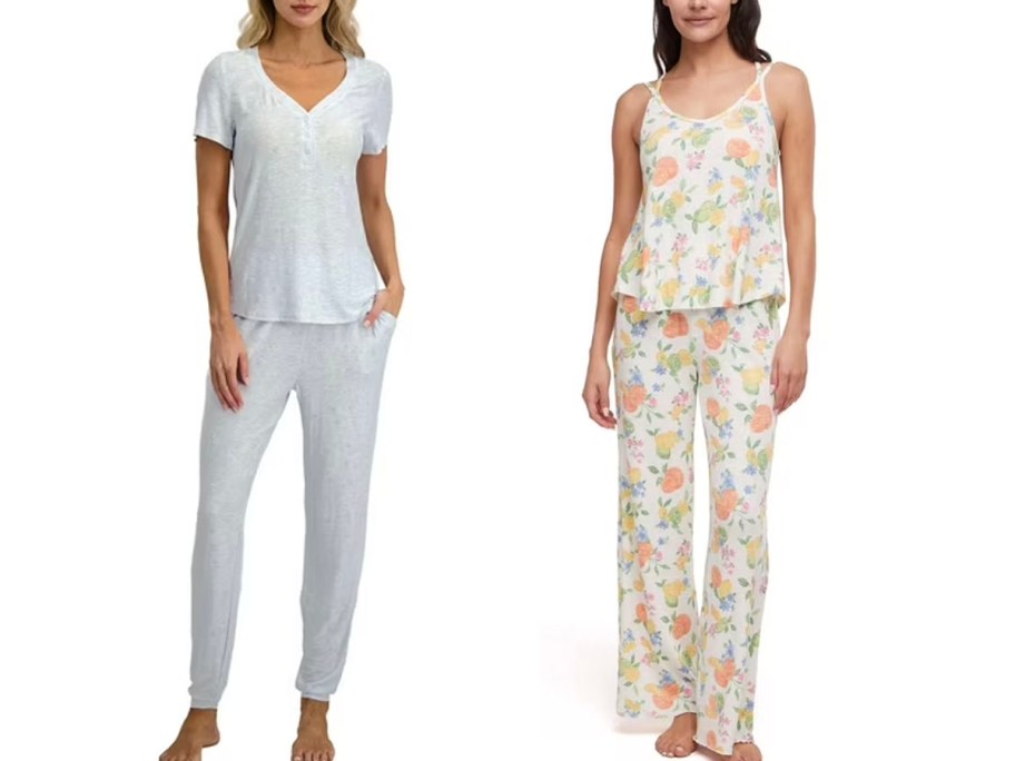 women wearing gray and yellow floral pajamas
