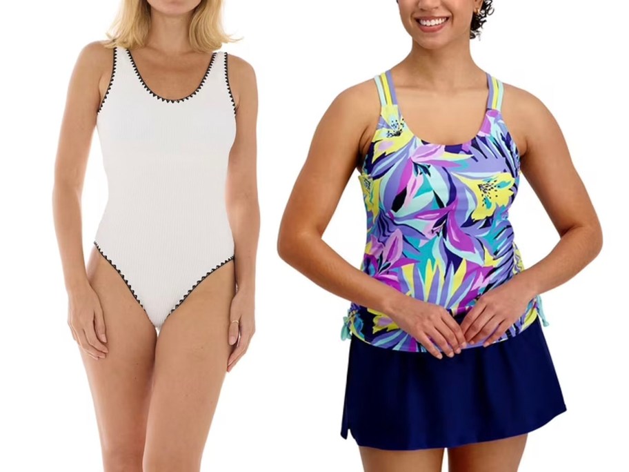 women wearing white and floral blue swimsuits