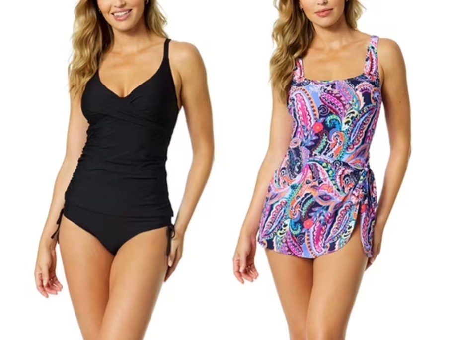 women wearing black and purple swimsuits