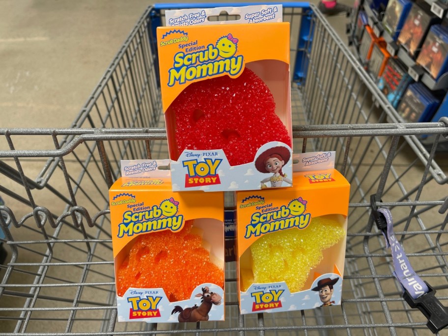 3 Scrub Mommy Toy Story Sponges in a Walmart cart