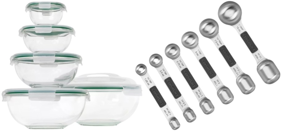 glass food storage bowl set and measuring spoon set