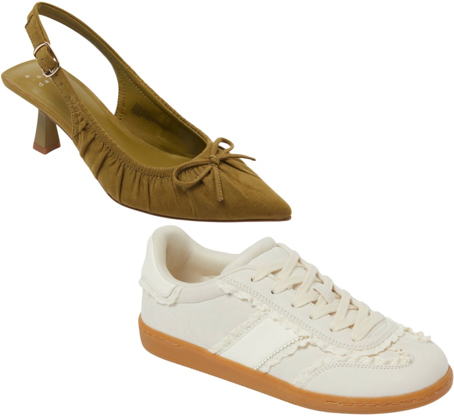 olive green slingback and white sneaker