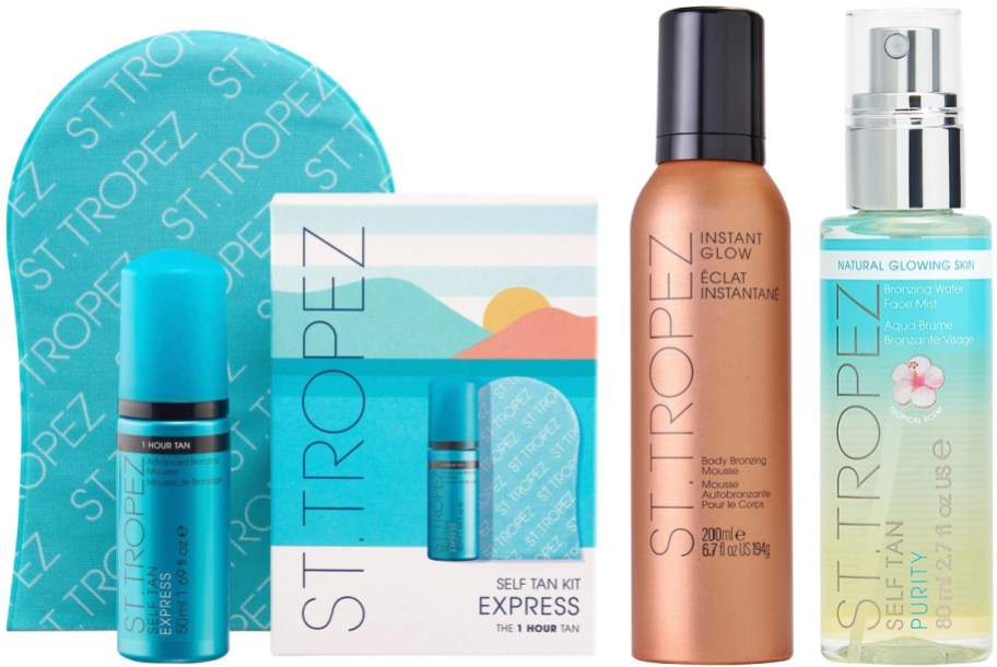 St. Tropez self tan kit including express self tan, instant glow body bronzer, and natural glowing skin mist.