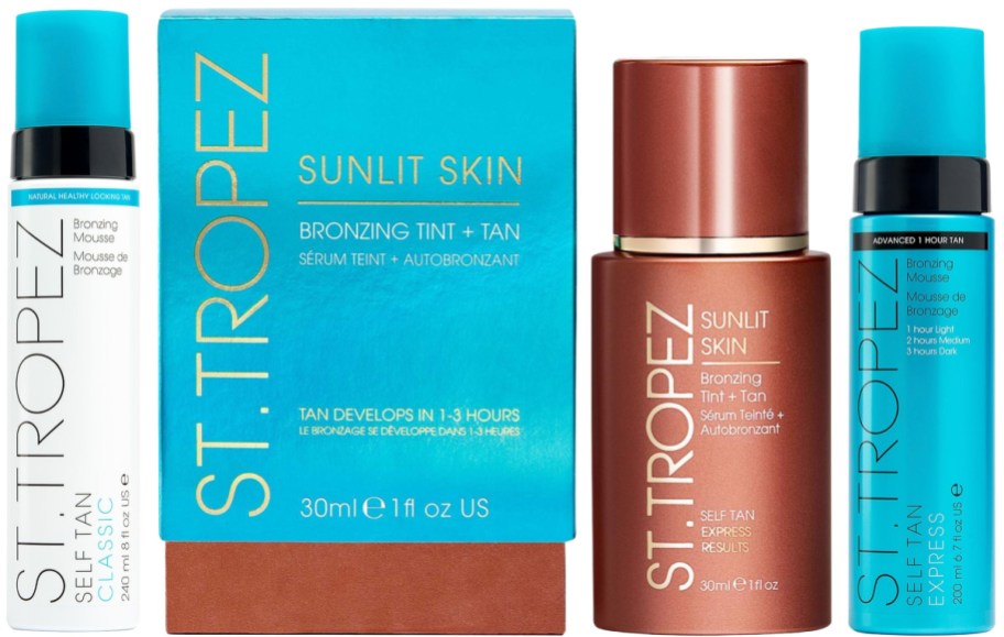A package of St. Tropez Sunlit Skin products, including a bronzing tint and self-tan mousse, featuring a blue and brown color scheme.