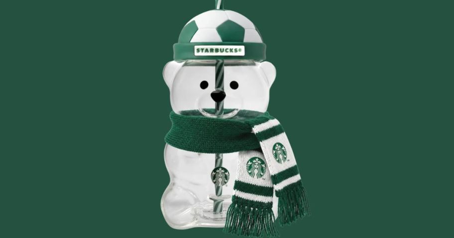 starbucks Soccer Bearista Cup against green background