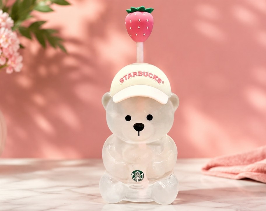 starbucks pink bearista cup on a countertop