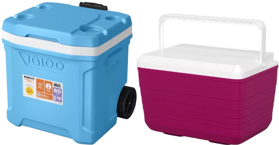 Two coolers shown side-by-side: a large blue Igloo roller cooler with wheels on the left and a pink and white chest cooler with a top handle on the right.