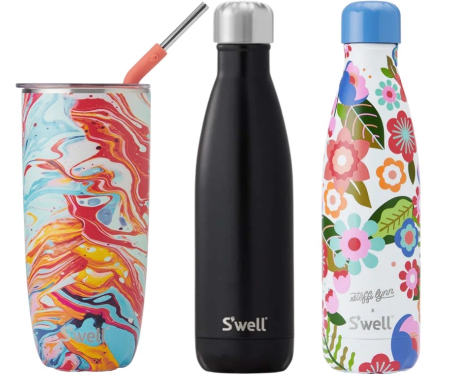 a swell straw tumbler and two bottles