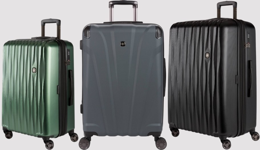 swiss gear luggage in 3 different colors and 2 different sizes