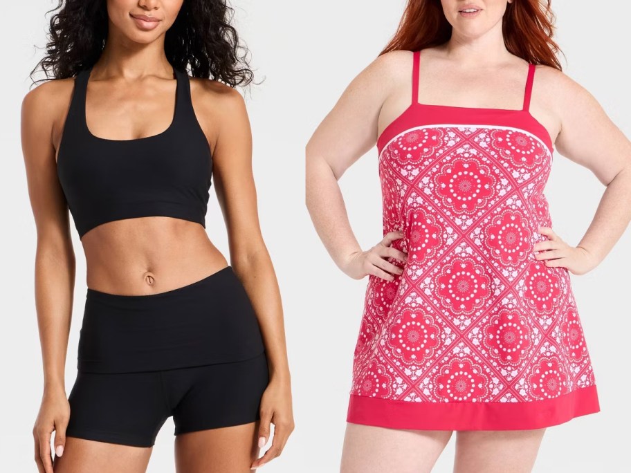 women wearing black bra and red activewear dress 