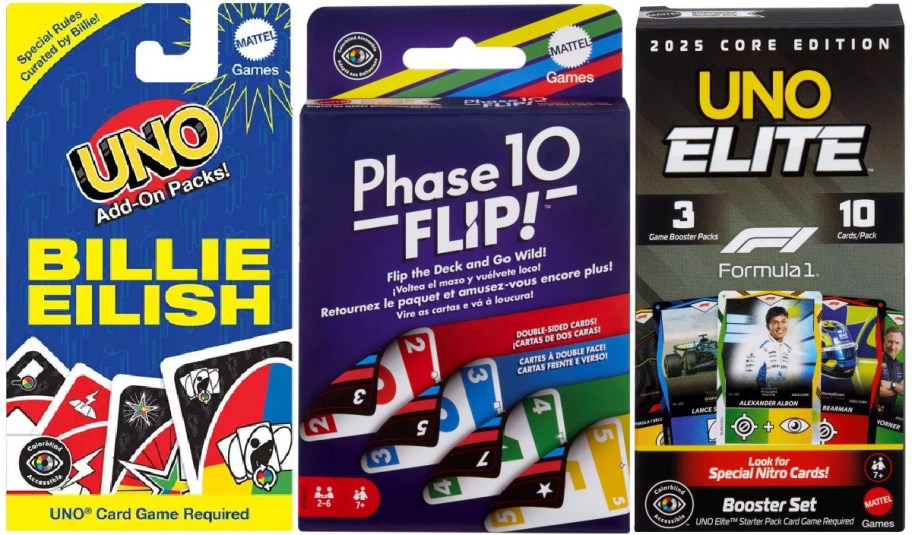 Three card game packages: UNO featuring Billie Eilish, Phase 10 FLIP, and UNO Elite with Formula 1.