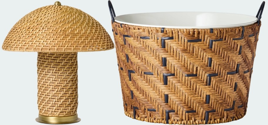 a rattan lamp and beverage tub