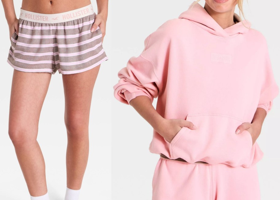 A person wearing Hollister striped lounge shorts with a branded waistband and another person wearing a pink oversized hoodie.