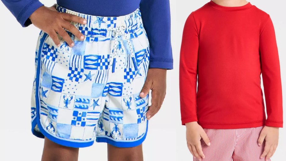 Two kids' swimwear outfits side-by-side: blue and white nautical patchwork swim trunks and a solid red long-sleeve rash guard.