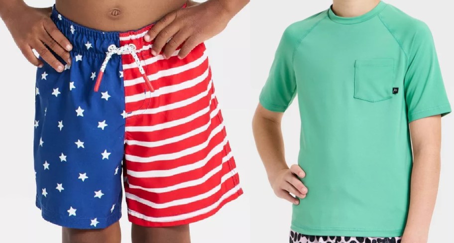 Two kids' swimwear pieces side-by-side: American flag print swim trunks and a solid light green short-sleeve rash guard with a chest pocket.