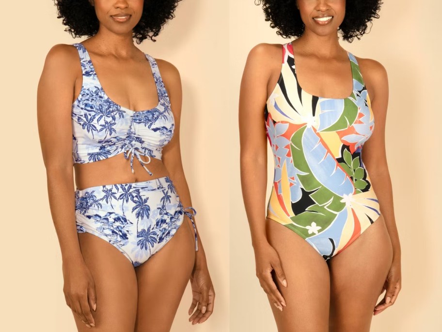 women wearing blue and floral swimsuits 